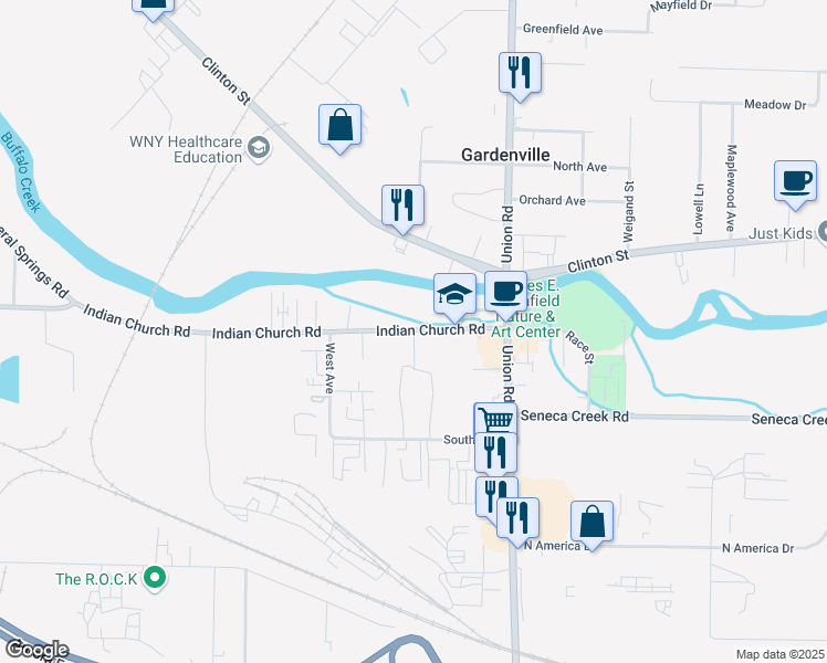 map of restaurants, bars, coffee shops, grocery stores, and more near 1291 Indian Church Road in West Seneca
