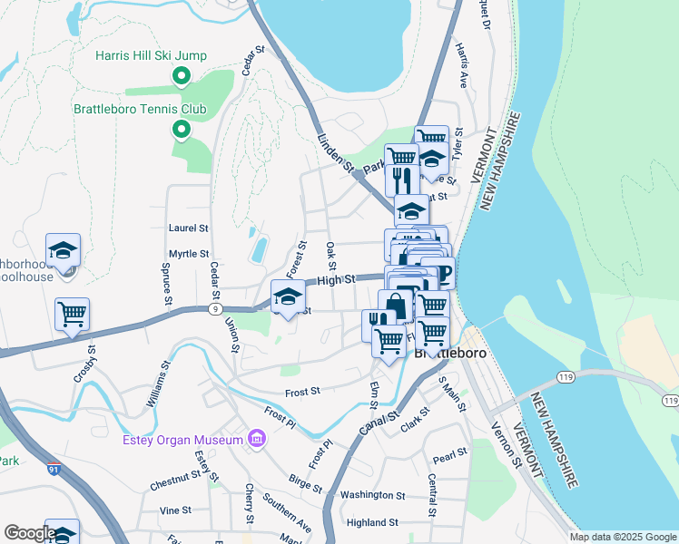 map of restaurants, bars, coffee shops, grocery stores, and more near 111 Vermont 9 in Brattleboro