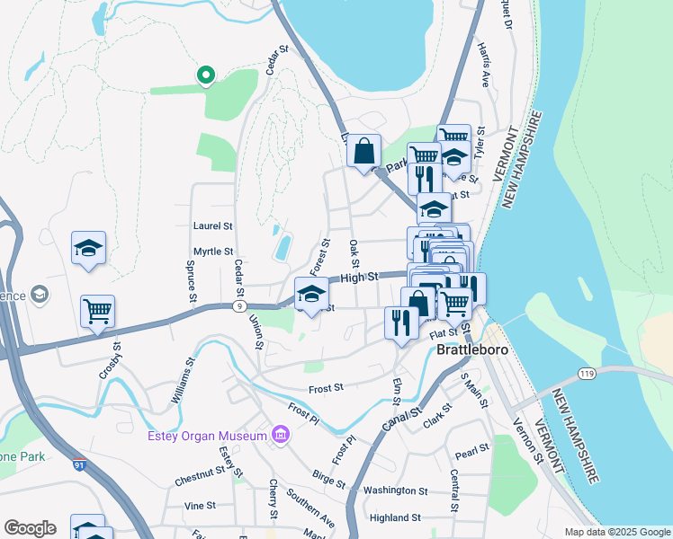 map of restaurants, bars, coffee shops, grocery stores, and more near 145 High Street in Brattleboro