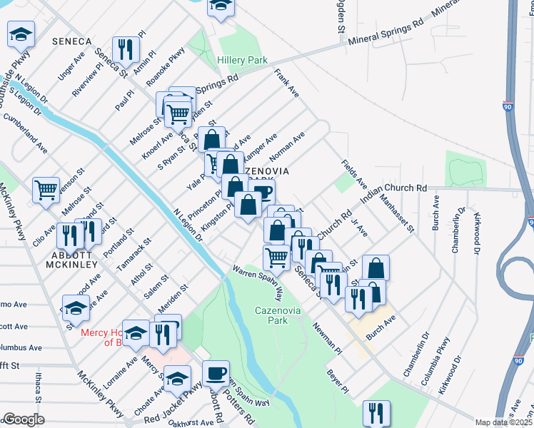 map of restaurants, bars, coffee shops, grocery stores, and more near 2178 Seneca Street in Buffalo