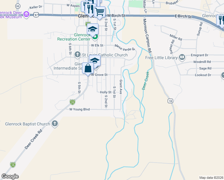 map of restaurants, bars, coffee shops, grocery stores, and more near 108 Holly Street in Glenrock