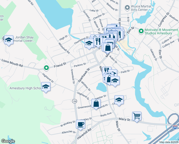 map of restaurants, bars, coffee shops, grocery stores, and more near 32 Sparhawk Street in Amesbury