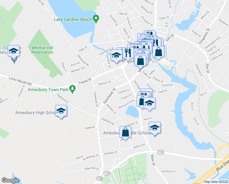 map of restaurants, bars, coffee shops, grocery stores, and more near 32 Sparhawk Street in Amesbury