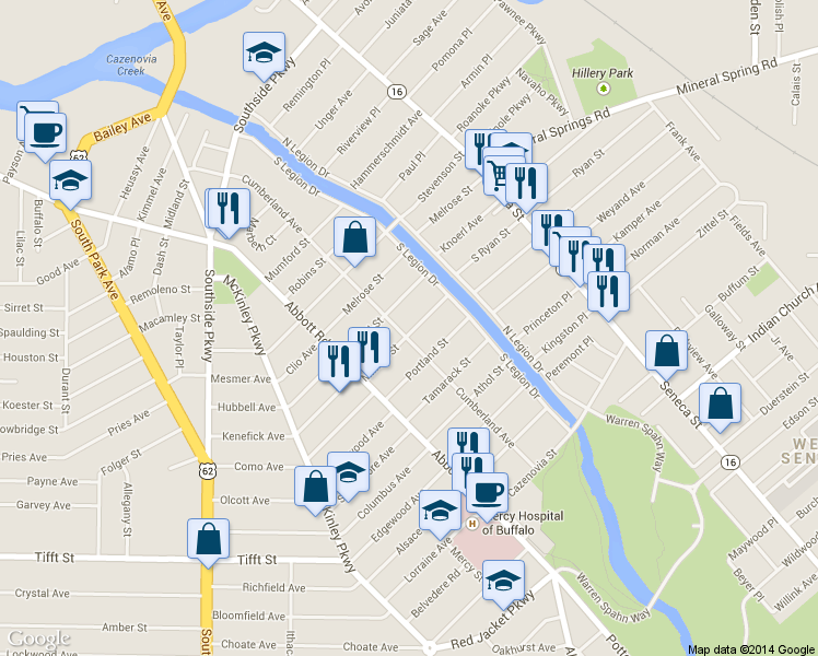 map of restaurants, bars, coffee shops, grocery stores, and more near 256 Cumberland Avenue in Buffalo