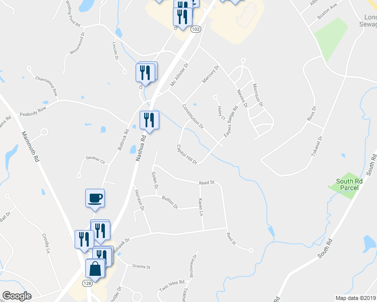map of restaurants, bars, coffee shops, grocery stores, and more near 184N Capitol Hill Drive in Londonderry