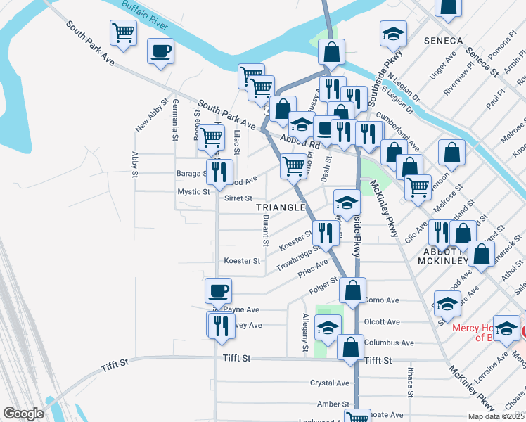 map of restaurants, bars, coffee shops, grocery stores, and more near 72 Spaulding Street in Buffalo