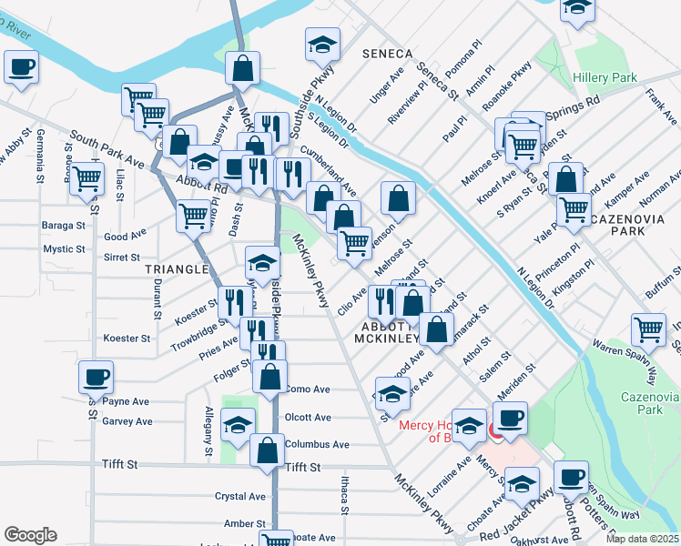 map of restaurants, bars, coffee shops, grocery stores, and more near 90 Lakewood Avenue in Buffalo
