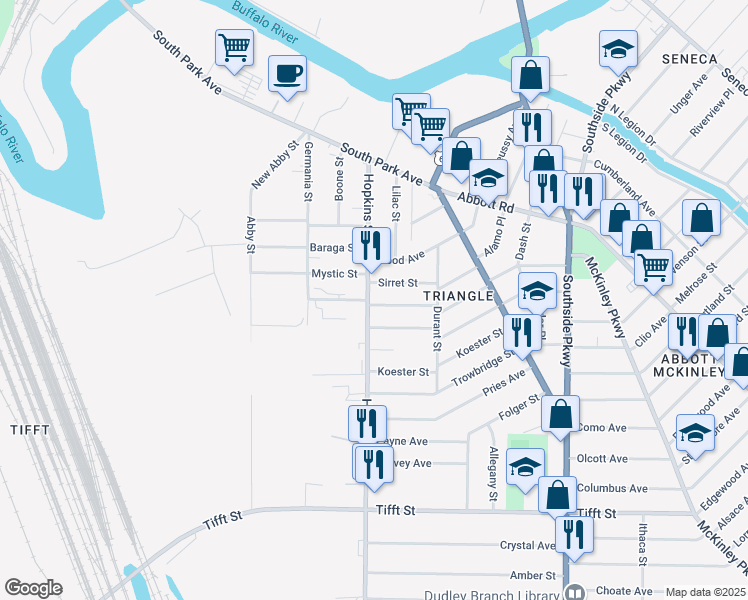 map of restaurants, bars, coffee shops, grocery stores, and more near 591 Hopkins Street in Buffalo