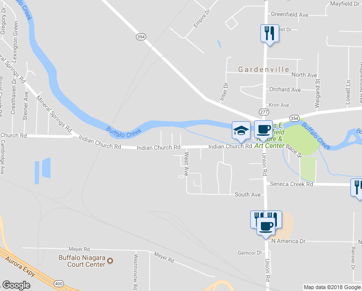 map of restaurants, bars, coffee shops, grocery stores, and more near 1178 Indian Church Road in Buffalo