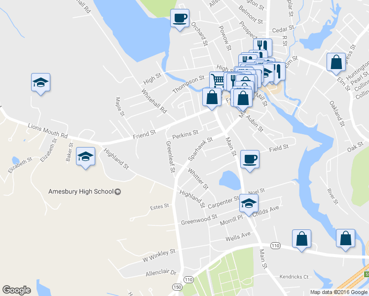 map of restaurants, bars, coffee shops, grocery stores, and more near 10 Greenleaf St in Amesbury