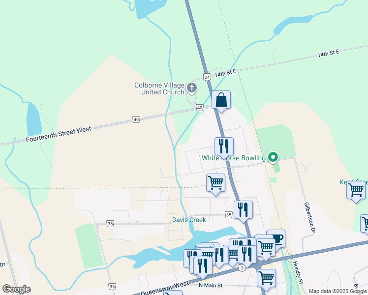 map of restaurants, bars, coffee shops, grocery stores, and more near 31 Highland Avenue in Simcoe
