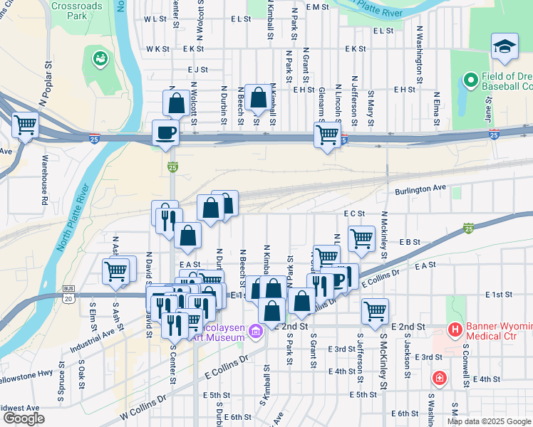 map of restaurants, bars, coffee shops, grocery stores, and more near 499 East C Street in Casper