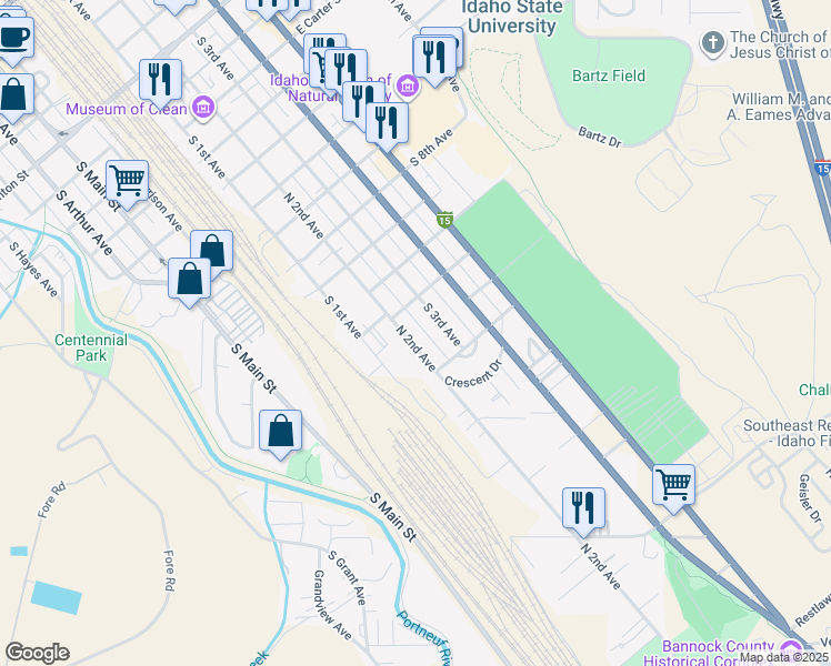 map of restaurants, bars, coffee shops, grocery stores, and more near 1545 South 2nd Avenue in Pocatello
