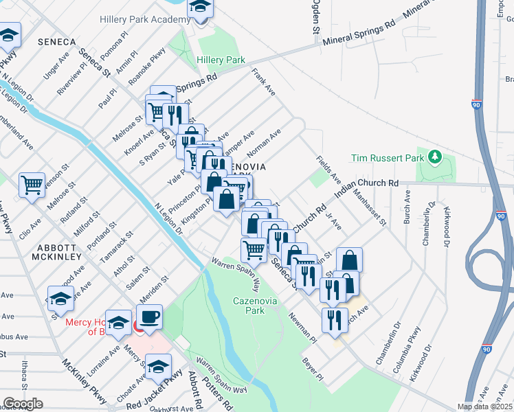 map of restaurants, bars, coffee shops, grocery stores, and more near 42 Buffum Street in Buffalo