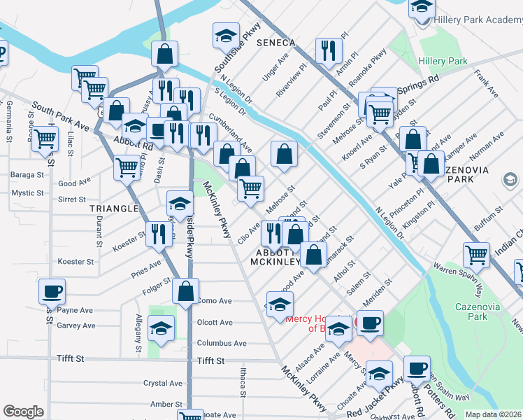 map of restaurants, bars, coffee shops, grocery stores, and more near 1 Melrose Street in Buffalo