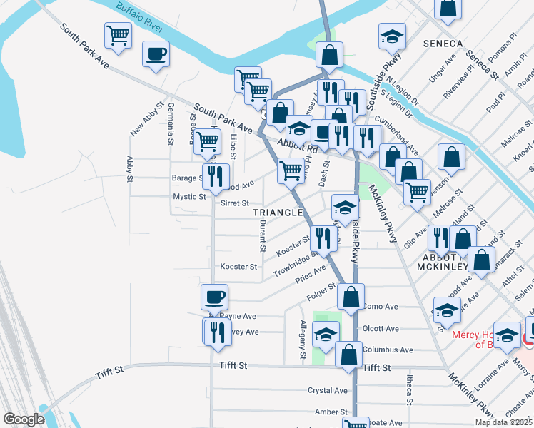 map of restaurants, bars, coffee shops, grocery stores, and more near 72 Spaulding Street in Buffalo