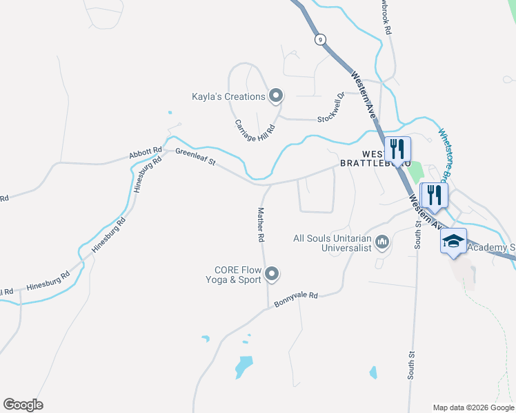 map of restaurants, bars, coffee shops, grocery stores, and more near 35 Mather Road in Brattleboro