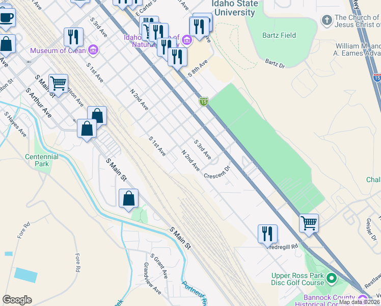 map of restaurants, bars, coffee shops, grocery stores, and more near 1542 South 2nd Avenue in Pocatello