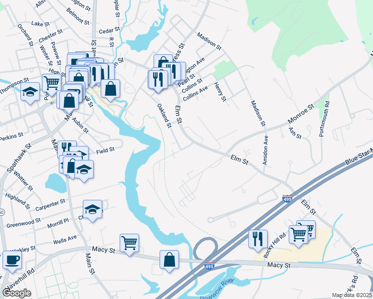 map of restaurants, bars, coffee shops, grocery stores, and more near 7 Oak Street in Amesbury