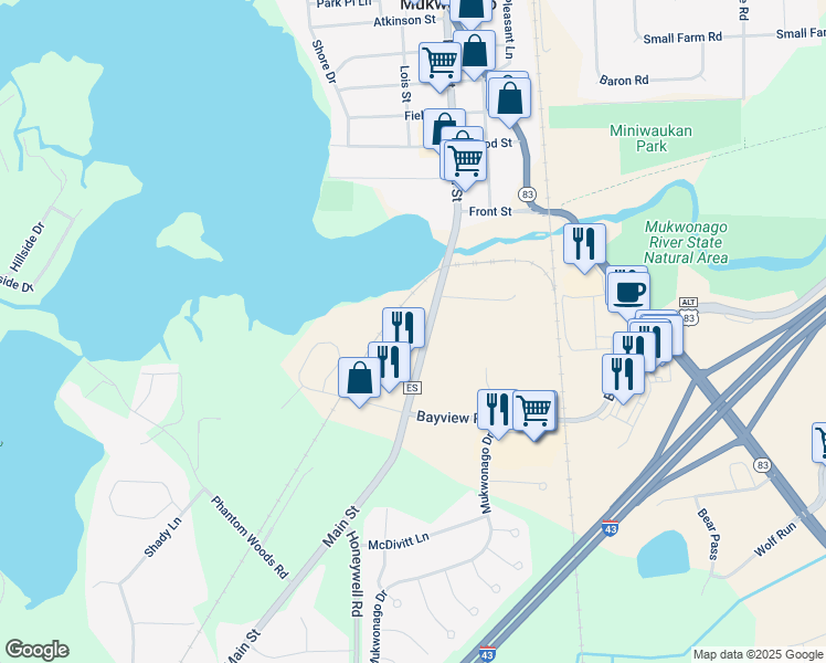 map of restaurants, bars, coffee shops, grocery stores, and more near 915 Main Street in Mukwonago