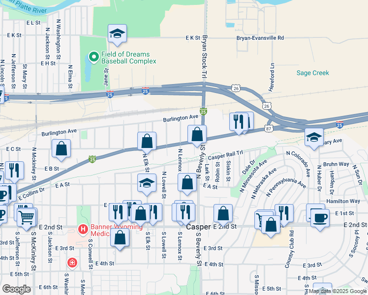 map of restaurants, bars, coffee shops, grocery stores, and more near 351 North Lennox Street in Casper