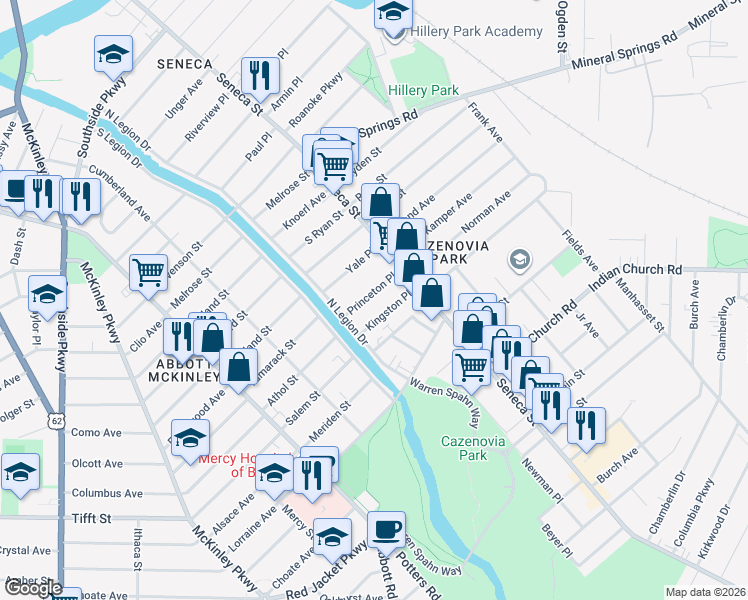 map of restaurants, bars, coffee shops, grocery stores, and more near 66 Kingston Place in Buffalo