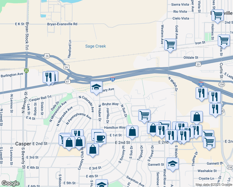 map of restaurants, bars, coffee shops, grocery stores, and more near 619 North Sun Drive in Casper