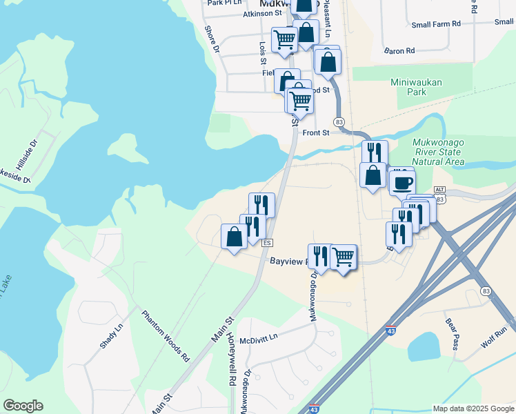 map of restaurants, bars, coffee shops, grocery stores, and more near 903 Main Street in Mukwonago
