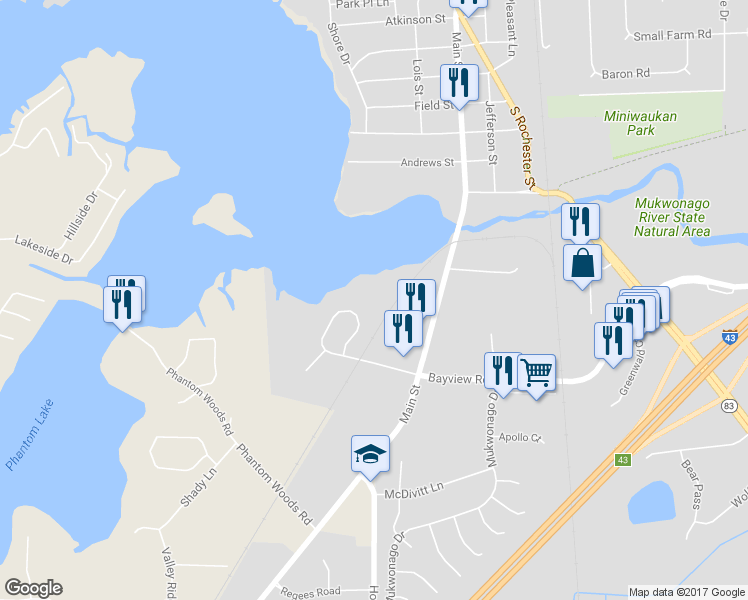map of restaurants, bars, coffee shops, grocery stores, and more near 929 Bay View Circle in Mukwonago
