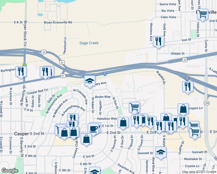 map of restaurants, bars, coffee shops, grocery stores, and more near 530 North Sun Drive in Casper