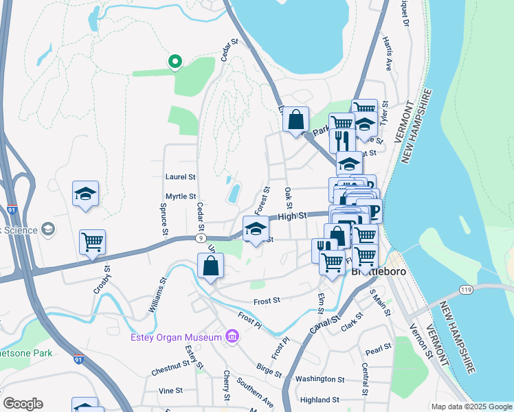 map of restaurants, bars, coffee shops, grocery stores, and more near 16 Forest Street in Brattleboro
