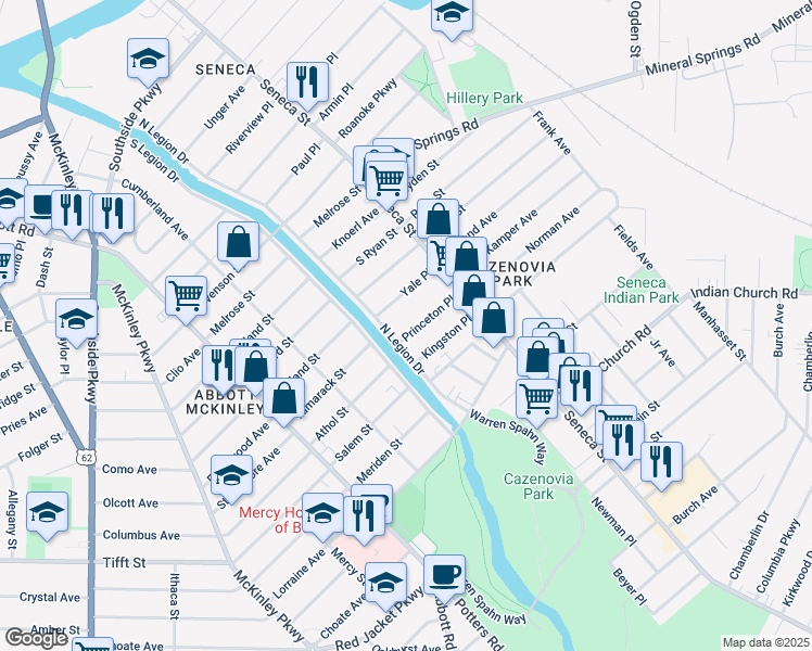 map of restaurants, bars, coffee shops, grocery stores, and more near 30 Princeton Place in Buffalo
