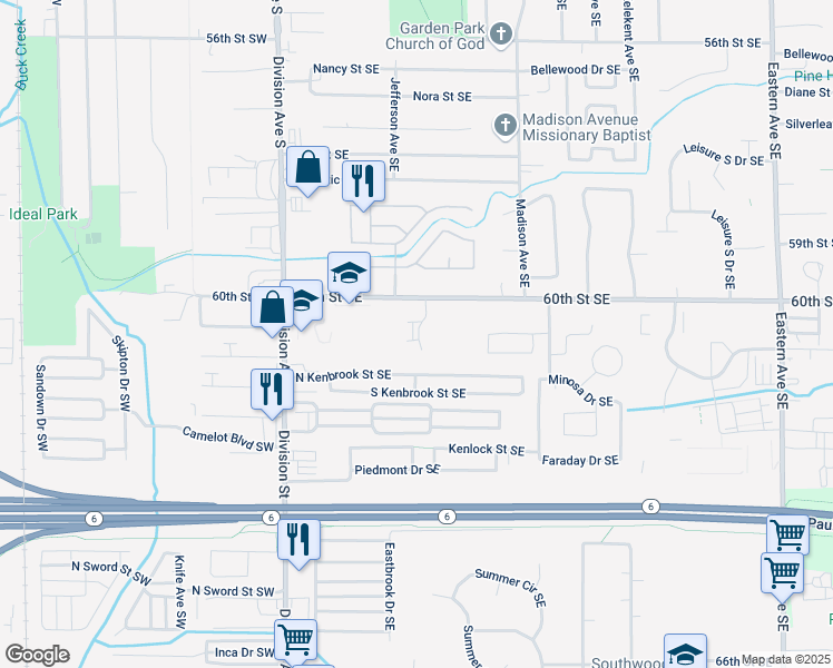 map of restaurants, bars, coffee shops, grocery stores, and more near 240 60th Street Southeast in Grand Rapids