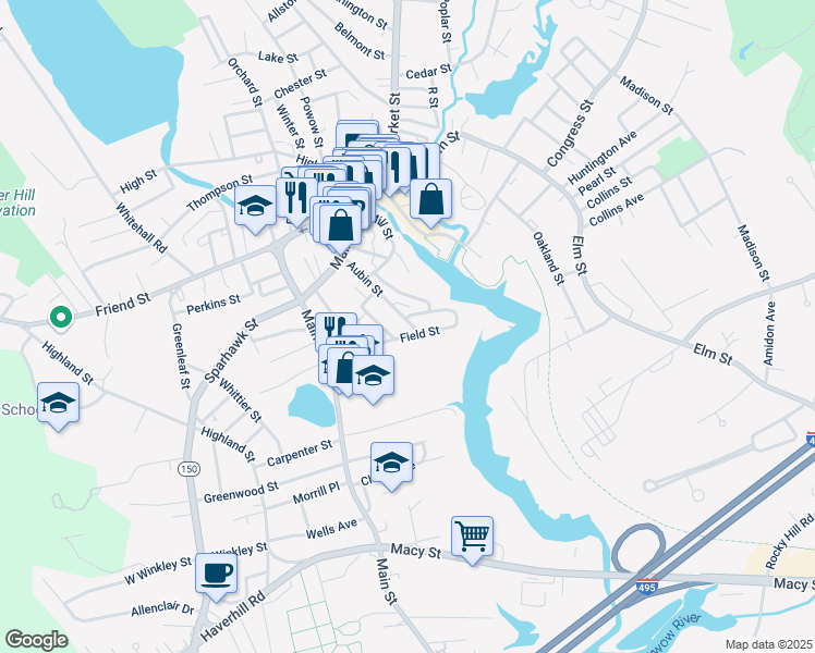 map of restaurants, bars, coffee shops, grocery stores, and more near 67 Aubin Street in Amesbury
