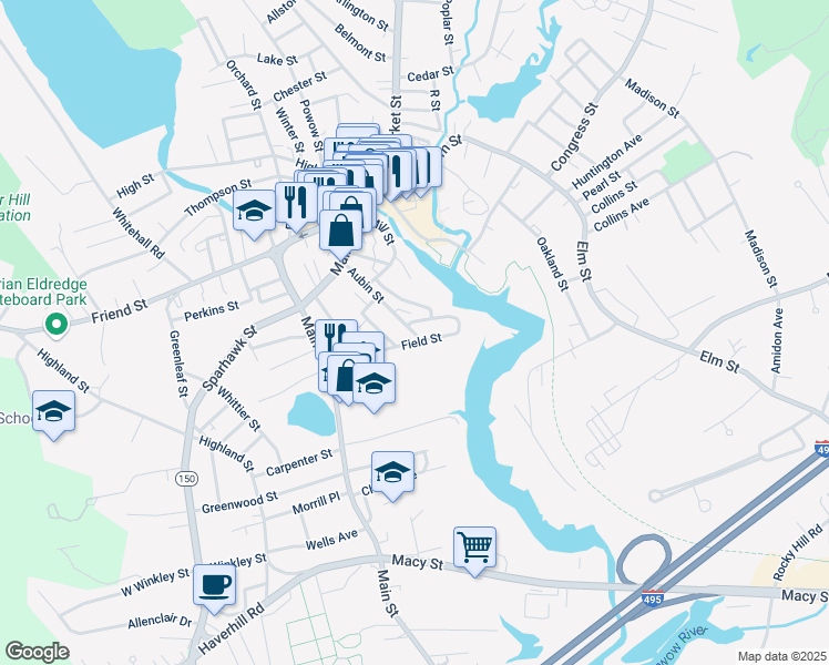 map of restaurants, bars, coffee shops, grocery stores, and more near 19 Field Street in Amesbury