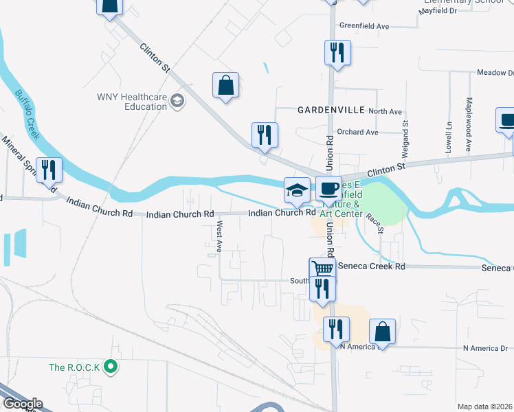 map of restaurants, bars, coffee shops, grocery stores, and more near 1253 Indian Church Road in Buffalo