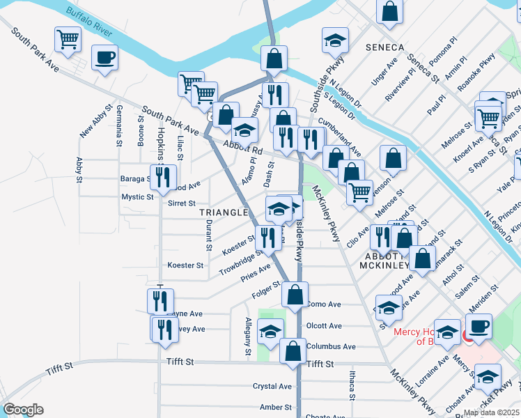 map of restaurants, bars, coffee shops, grocery stores, and more near in Buffalo