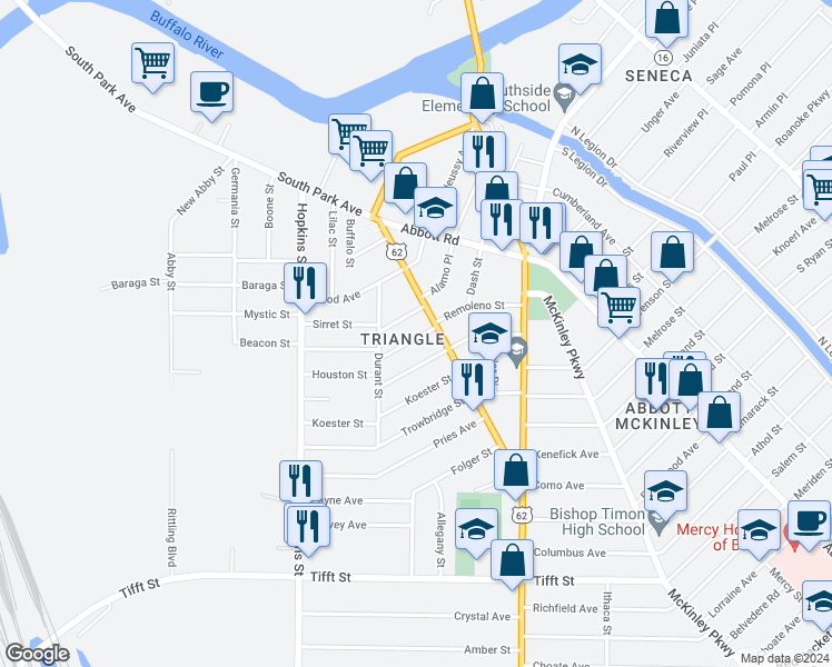 map of restaurants, bars, coffee shops, grocery stores, and more near in Buffalo