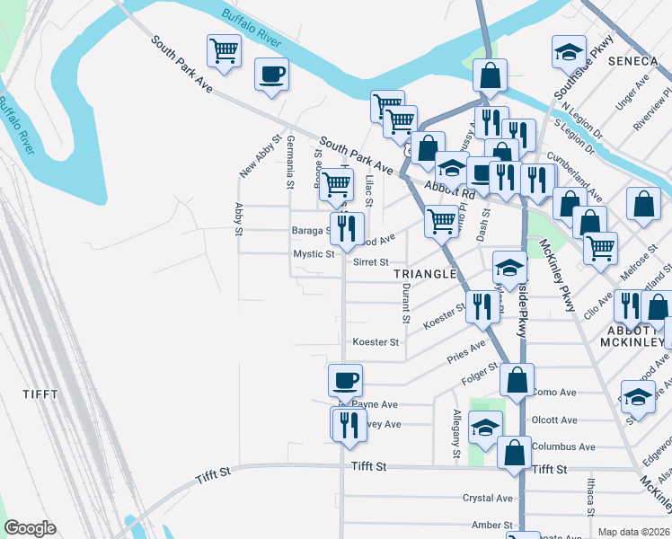 map of restaurants, bars, coffee shops, grocery stores, and more near 586 Hopkins Street in Buffalo