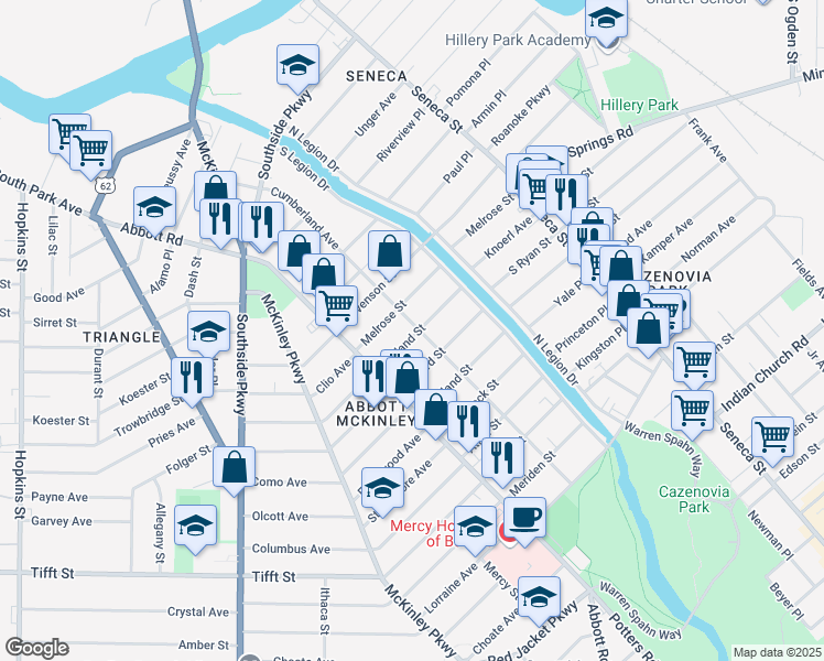 map of restaurants, bars, coffee shops, grocery stores, and more near 221 Cumberland Avenue in Buffalo