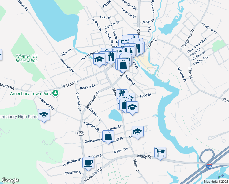map of restaurants, bars, coffee shops, grocery stores, and more near 35557 Osgood Place in Amesbury