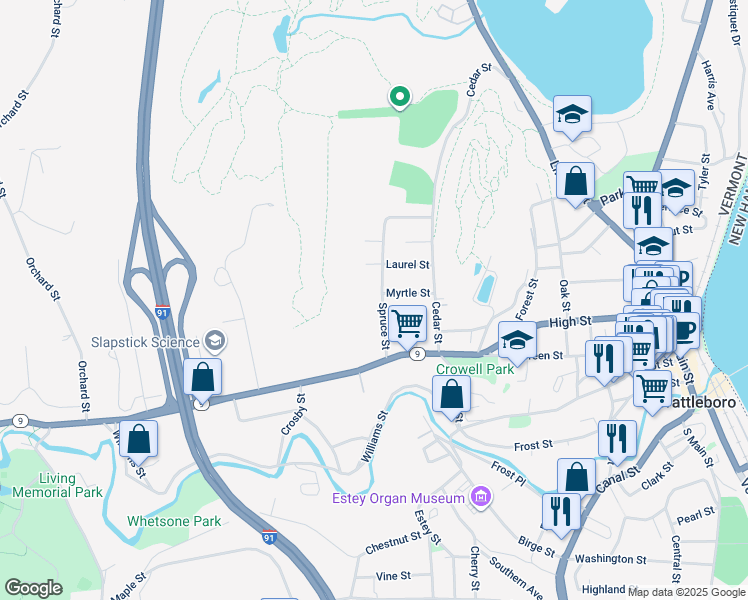 map of restaurants, bars, coffee shops, grocery stores, and more near 48 Spruce Street in Brattleboro