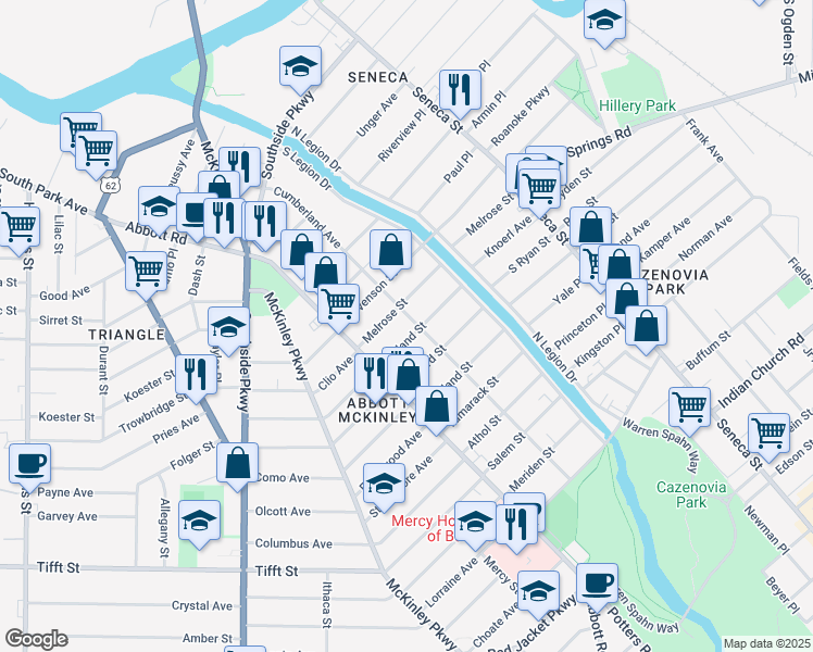 map of restaurants, bars, coffee shops, grocery stores, and more near 32 Rutland Street in Buffalo