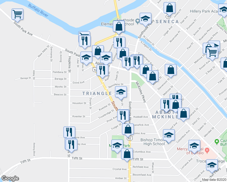 map of restaurants, bars, coffee shops, grocery stores, and more near in Buffalo