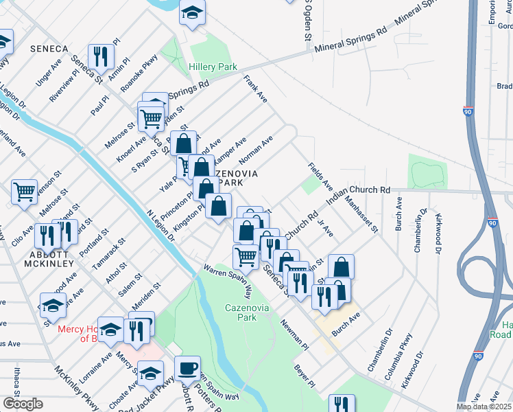 map of restaurants, bars, coffee shops, grocery stores, and more near 44 Parkview Avenue in Buffalo