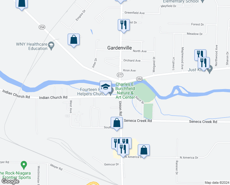 map of restaurants, bars, coffee shops, grocery stores, and more near 19 School Street in West Seneca