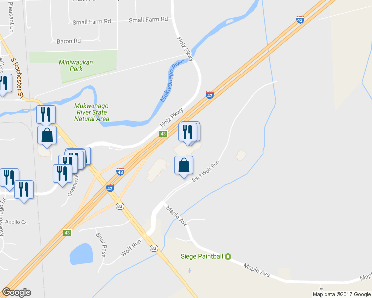 map of restaurants, bars, coffee shops, grocery stores, and more near 250 Wolf Run in Mukwonago