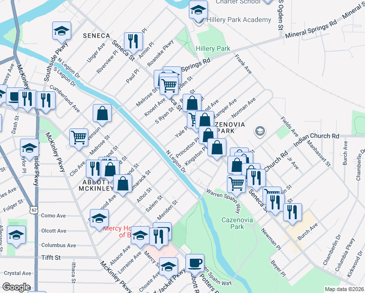 map of restaurants, bars, coffee shops, grocery stores, and more near 30 Princeton Place in Buffalo