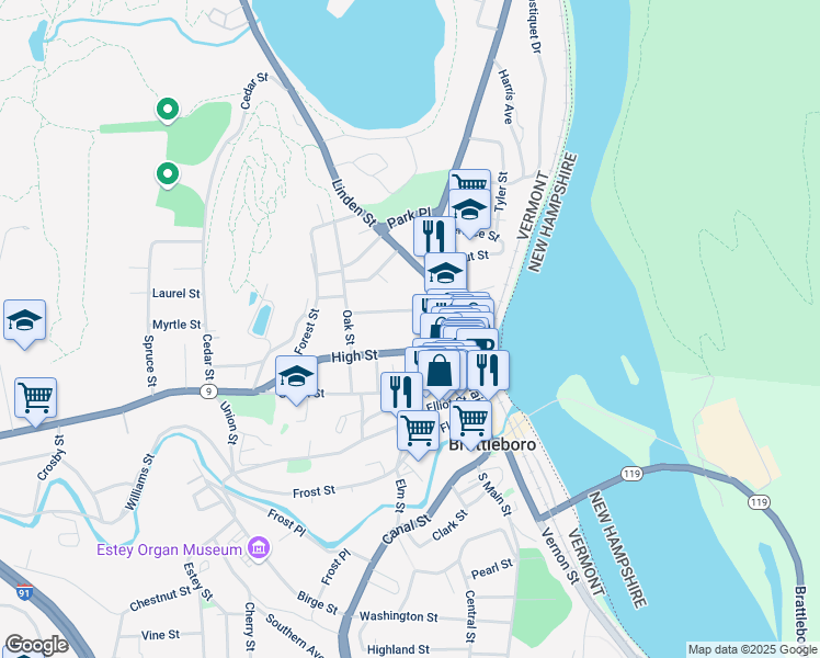 map of restaurants, bars, coffee shops, grocery stores, and more near 62 Vermont 9 in Brattleboro