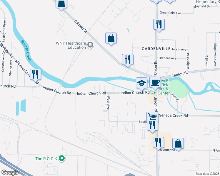 map of restaurants, bars, coffee shops, grocery stores, and more near 1178 Indian Church Road in Buffalo